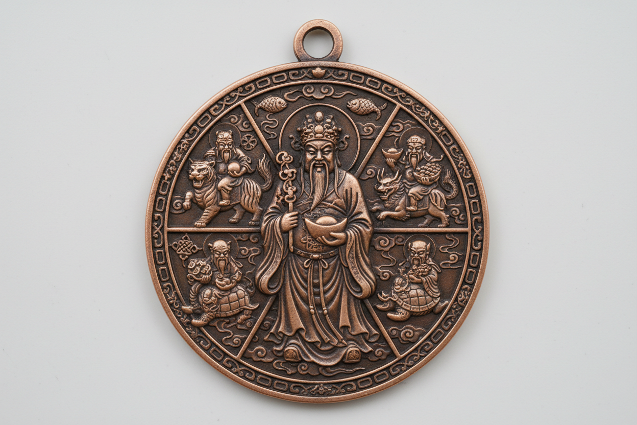 Wu Cai Shen Zhao Gongming Five Directions God of Wealth Bronze Pendant