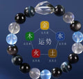Pulsera personalizada de cinco elementos culturales y creativos Longhushan: pulsera de equilibrio multigemas de piedra energética de cuarzo rutilado negro y aguamarina