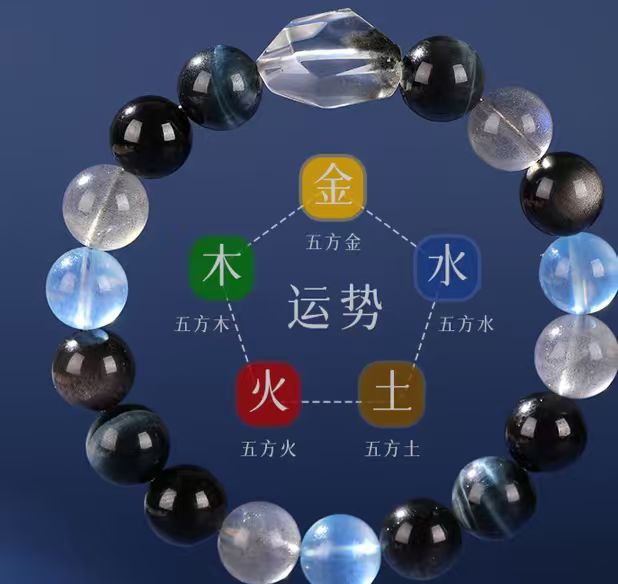 Longhushan Cultural & Creative Five Elements Custom Bracelet: Black Rutilated Quartz & Aquamarine Energy Stone Multi-Gem Balance Bracelet