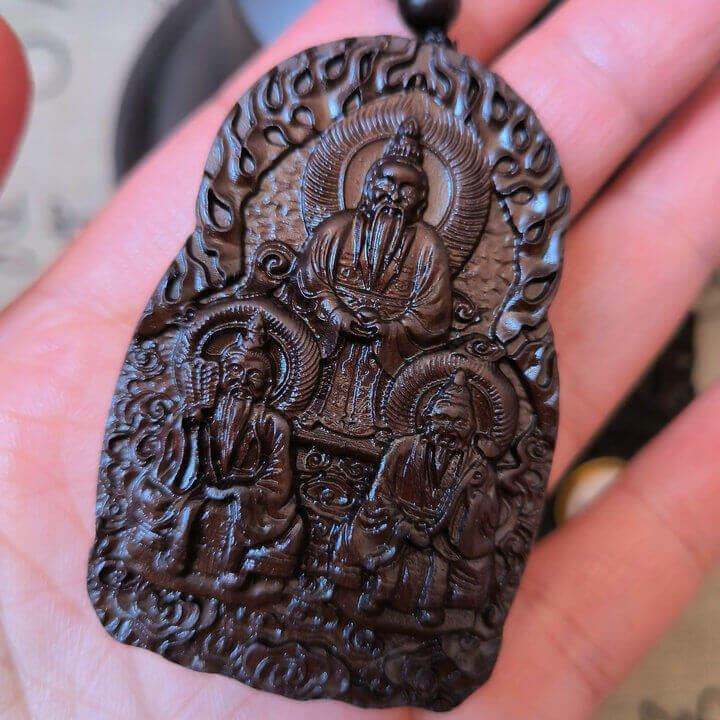 Colgante Bagua Rotativo de Tres Puros de Madera de Jujuba Golpeado por Trueno Infundido con Jade Taoísta