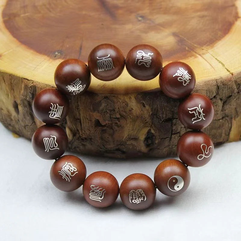 Pulsera taoísta con mantra de nueve sílabas e incrustaciones de plata (madera de azufaifo relámpago)