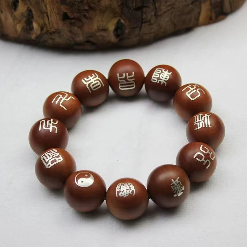 Pulsera taoísta con mantra de nueve sílabas e incrustaciones de plata (madera de azufaifo relámpago)