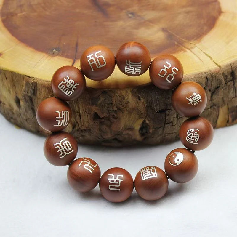 Pulsera taoísta con mantra de nueve sílabas e incrustaciones de plata (madera de azufaifo relámpago)